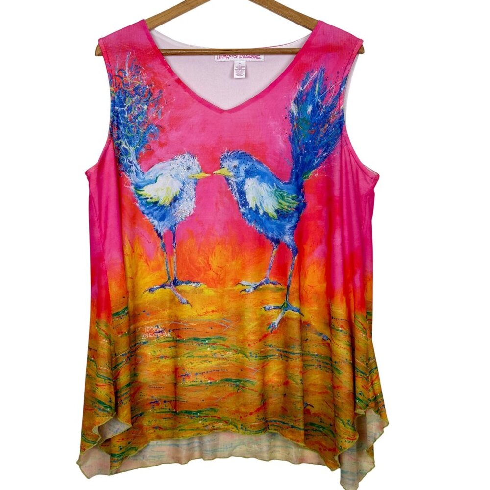 Leoma Lovegrove XL Sleeveless Tunic Top Birds Artwork Embellished Studded Pink
